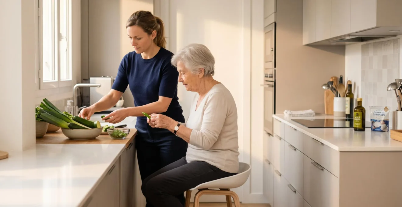 Auxiliaire de vie professionnelle aidant une dame âgée à préparer un repas dans une cuisine lumineuse, interaction bienveillante favorisant le maintien de l'autonomie à domicile