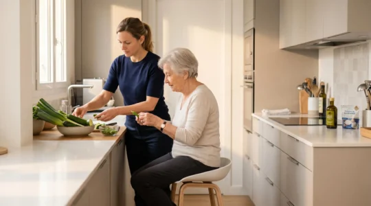 Auxiliaire de vie professionnelle aidant une dame âgée à préparer un repas dans une cuisine lumineuse, interaction bienveillante favorisant le maintien de l'autonomie à domicile