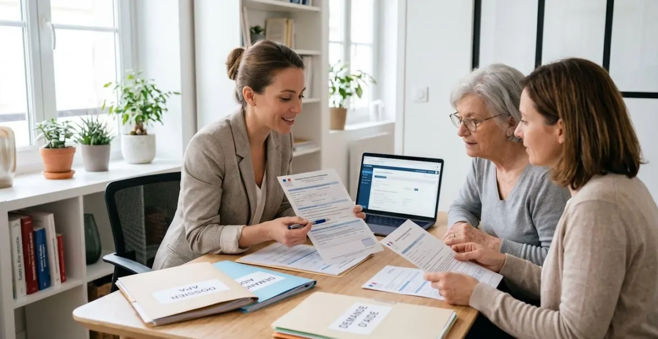 Conseillère mutuelle accompagnant une personne âgée et sa fille dans le remplissage des formulaires de demande d'APA, documents administratifs étalés sur le bureau