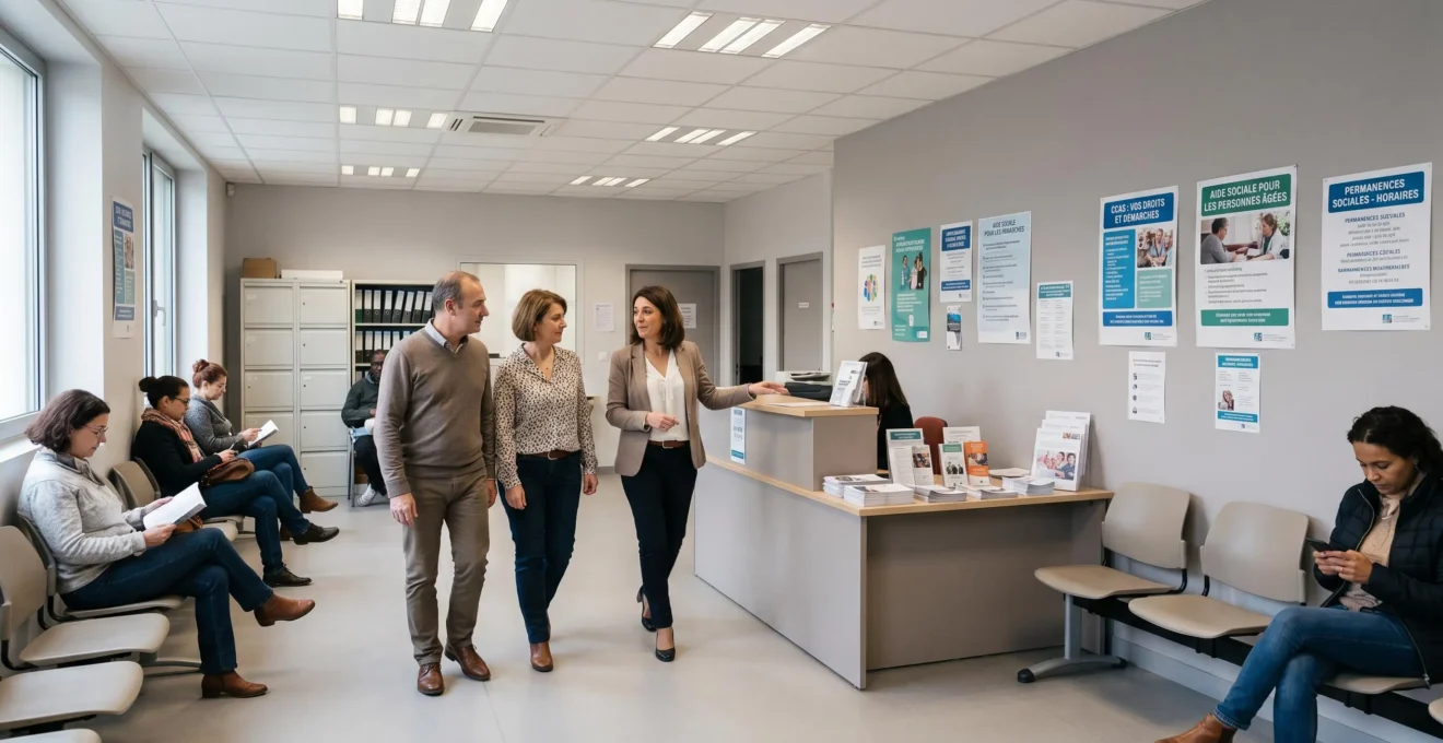 Coordinatrice d'un CCAS accueillant un couple d'aidants familiaux dans son bureau pour expliquer les démarches d'aide à domicile et les dispositifs disponibles